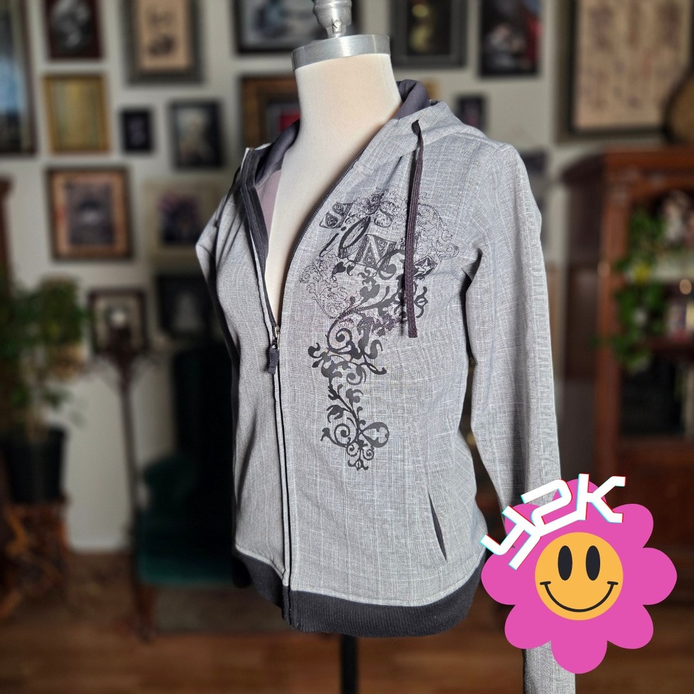 Sessions Y2K Womens Grey Crosshatch Zip Up Hoodie Graphic Jacket Small